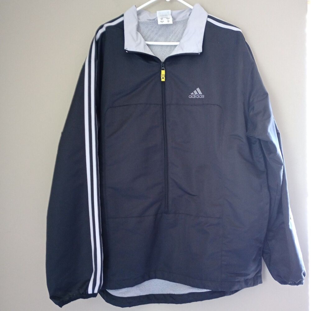 VINTAGE Adidas Black White Striped Windbreaker Jacket Vented Back Size Large